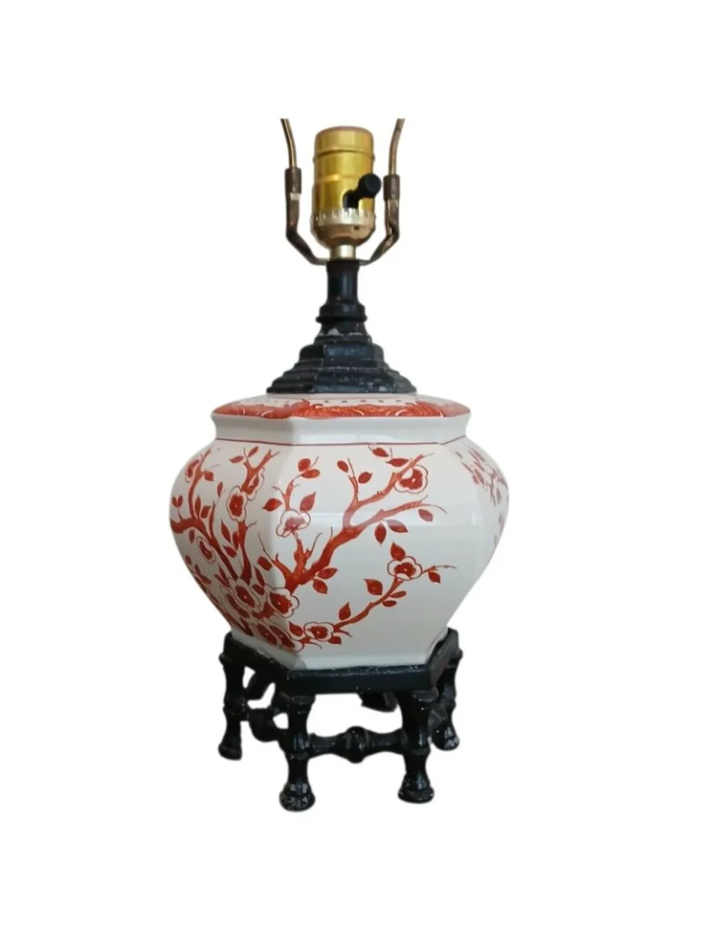 Chinoiserie Orange Blossom Porcelain Table Lamp Faux Bamboo Base 19.5
